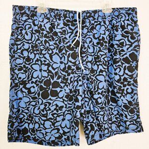Lands' End Men Dark Blue Floral Pattern on Blue  Swim Trunks Size XL 40-42